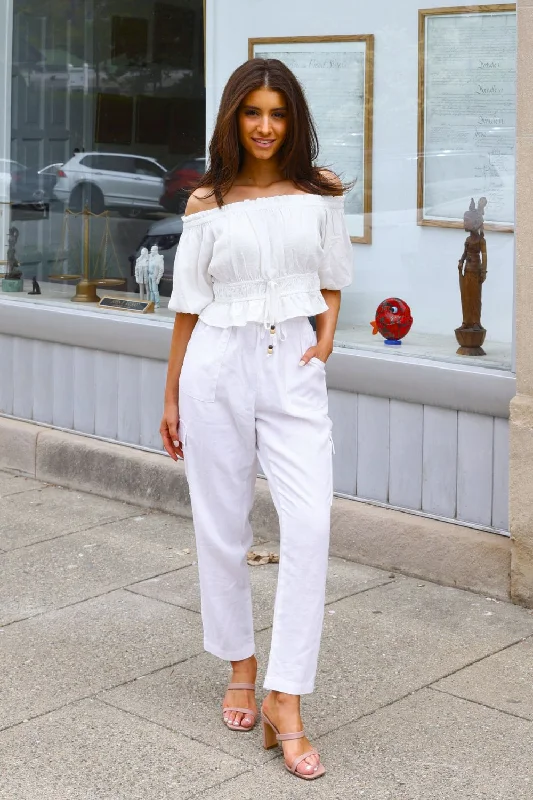 Petite High Waisted Utility Linen Pants (White)