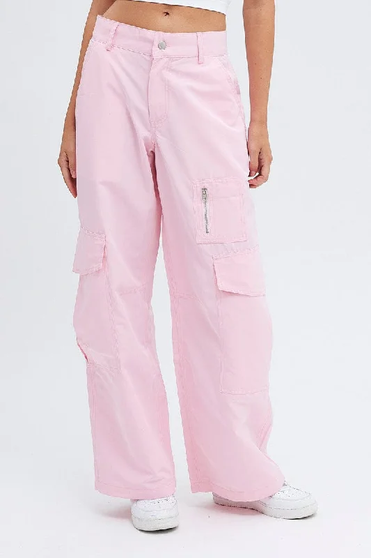 Pink Cargo Pants Mid-Rise Wide Leg Parachute