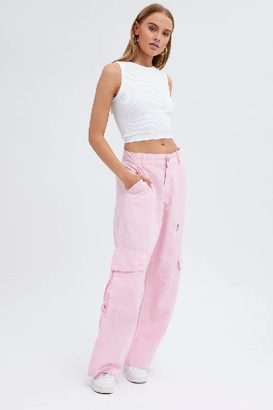 Pink Cargo Pants Mid-Rise Wide Leg Parachute