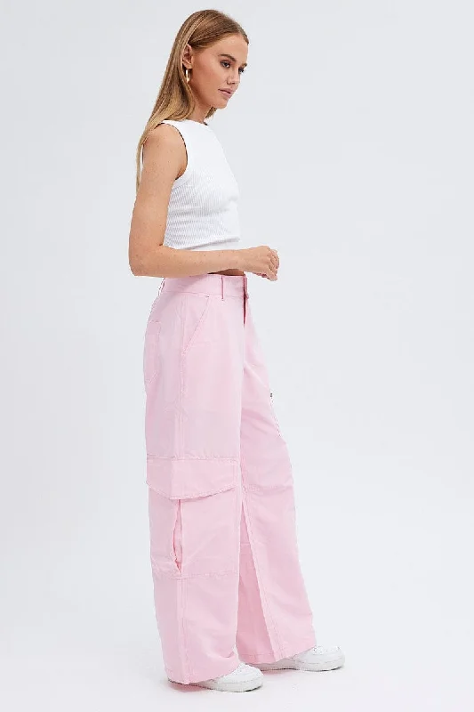 Pink Cargo Pants Mid-Rise Wide Leg Parachute