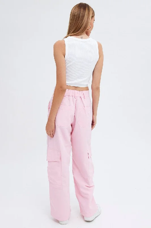 Pink Cargo Pants Mid-Rise Wide Leg Parachute