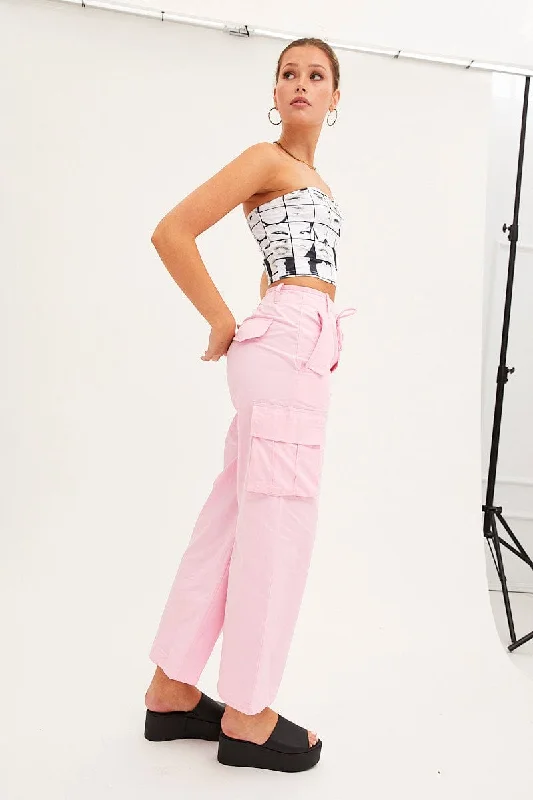 Pink Cargo Pants Relaxed Wide Leg