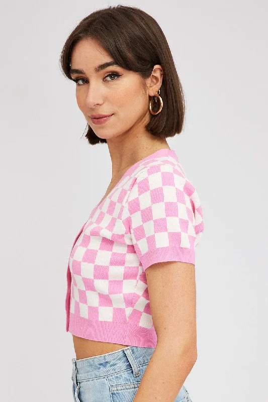 Pink Check Knit Cardigan Short sleeve