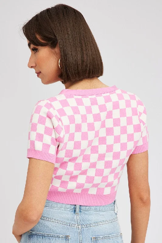 Pink Check Knit Cardigan Short sleeve