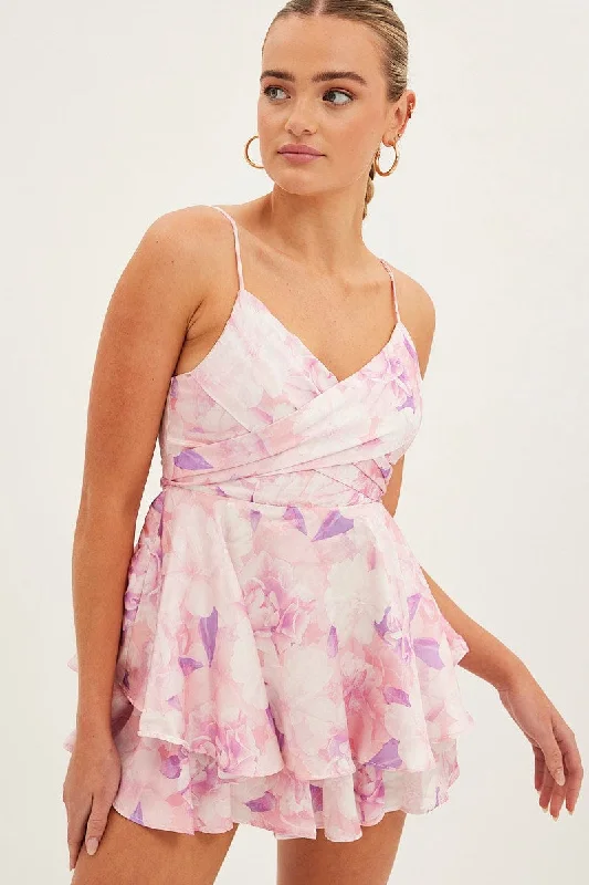 Pink Floral Ruffle Playsuit Sleeveless Tie Back