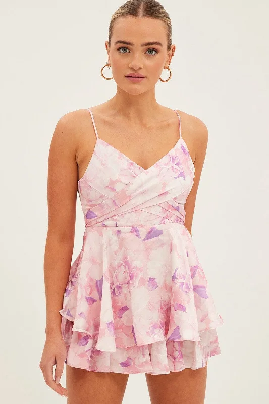 Pink Floral Ruffle Playsuit Sleeveless Tie Back