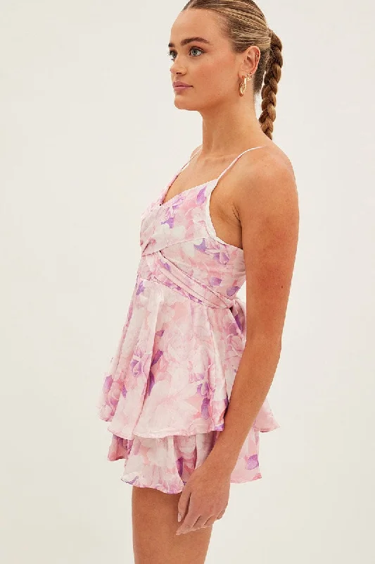 Pink Floral Ruffle Playsuit Sleeveless Tie Back