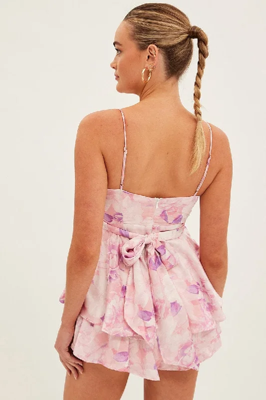 Pink Floral Ruffle Playsuit Sleeveless Tie Back