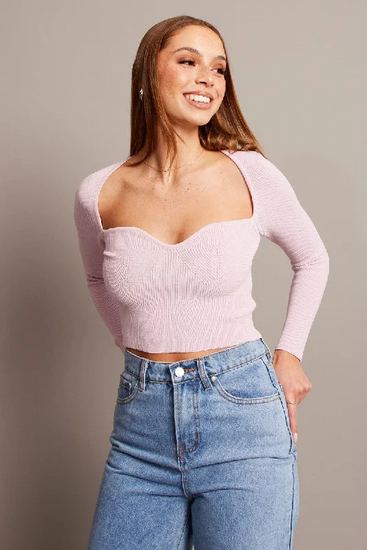 Pink Knit Top Long Sleeve Sweatheart Neck