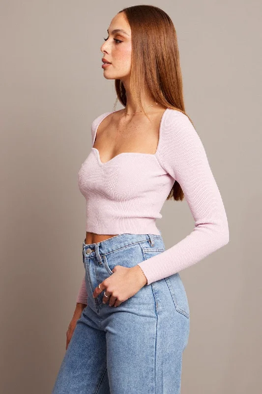 Pink Knit Top Long Sleeve Sweatheart Neck