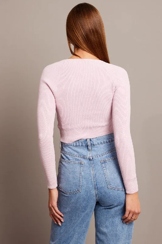 Pink Knit Top Long Sleeve Sweatheart Neck