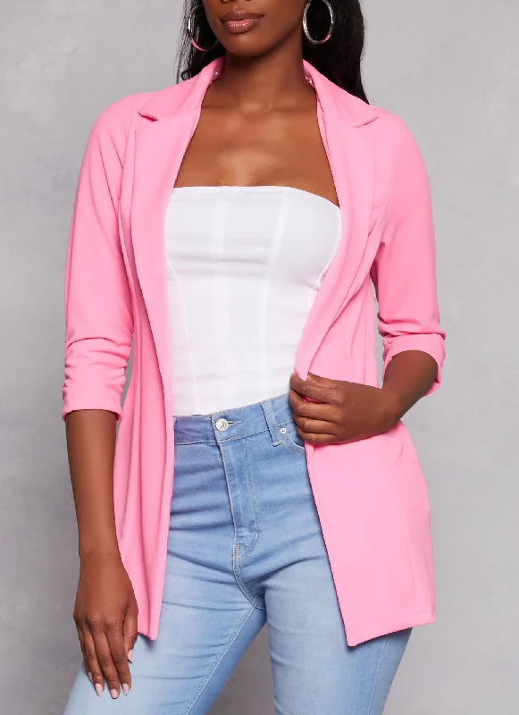 Solid Open Front Ruched Sleeve Blazer