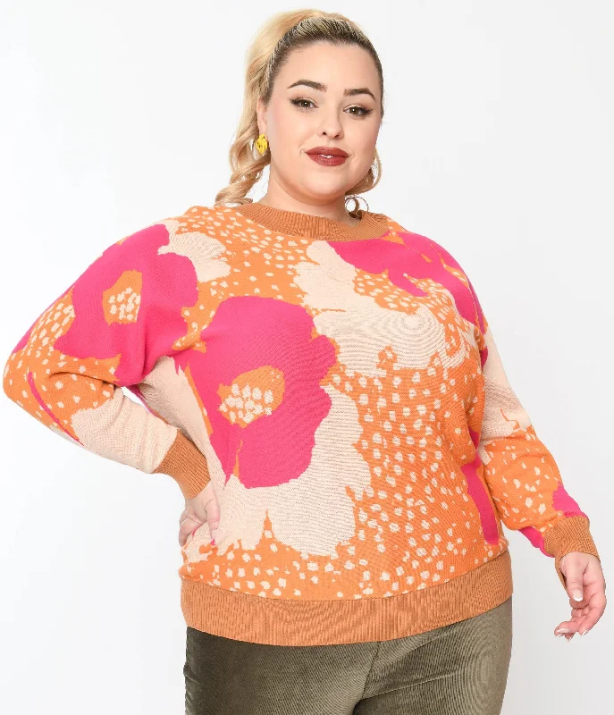 Plus Size 1970s Rust Orange & Fuchsia Floral Knit Sweater