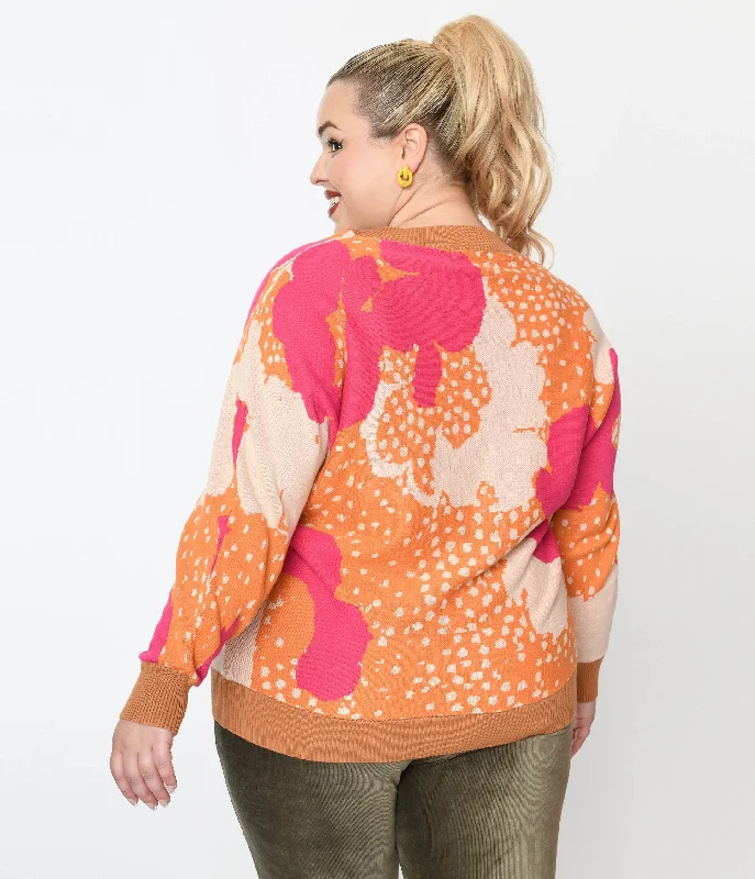 Plus Size 1970s Rust Orange & Fuchsia Floral Knit Sweater