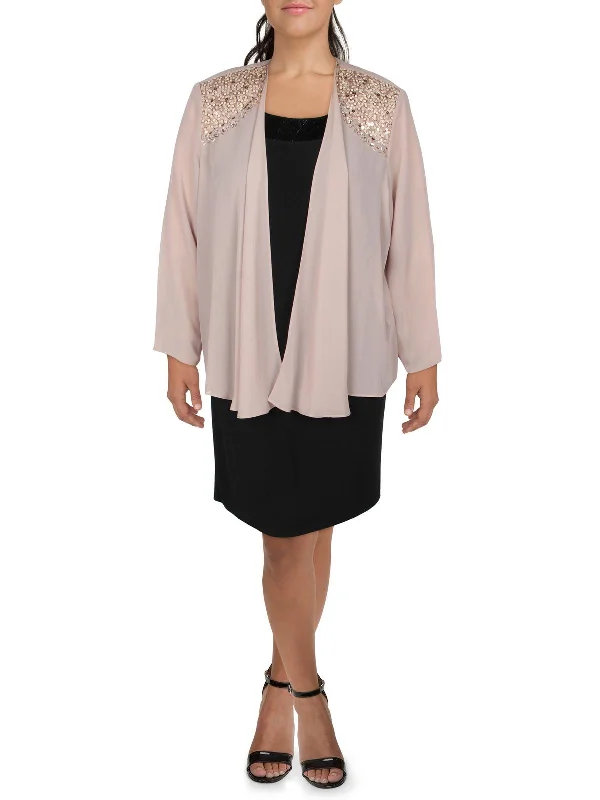 Plus Womens Chiffon Embellished Collarless Blazer