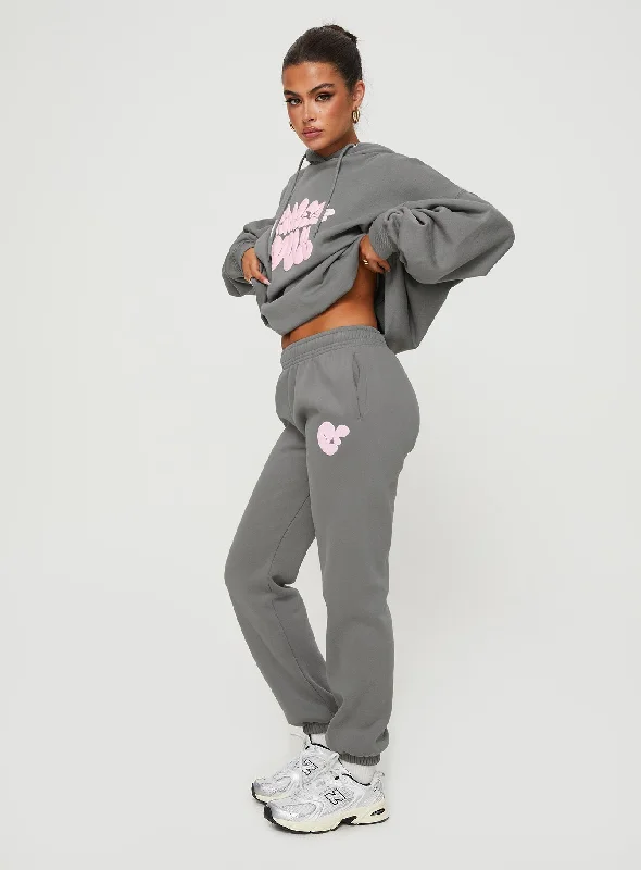 Princess Polly Track Pants Bubble Text Charcoal / Light Pink