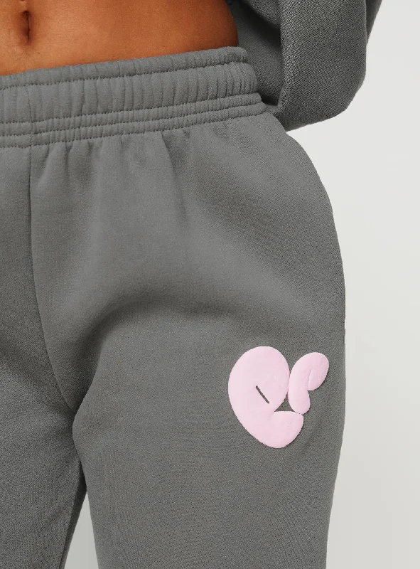 Princess Polly Track Pants Bubble Text Charcoal / Light Pink