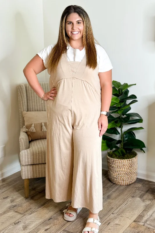 Taupe Washed Knit Wide Leg Jumpsuit