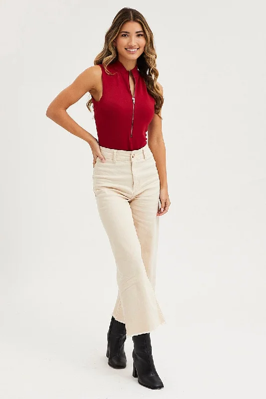 Red Zip Front Bodysuit Sleeveless