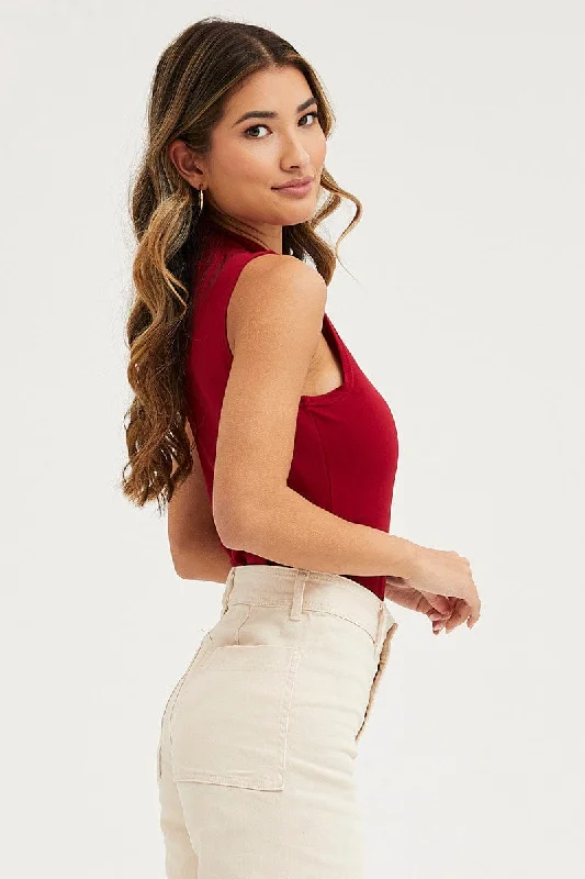 Red Zip Front Bodysuit Sleeveless