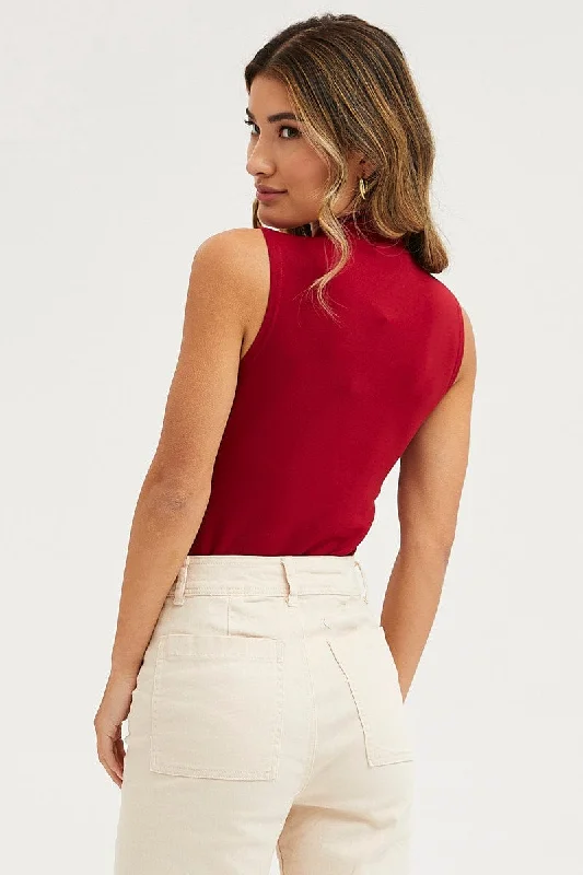 Red Zip Front Bodysuit Sleeveless