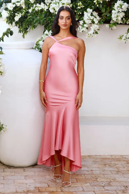 Romantic Affair Satin One Shoulder Maxi Dress Pink