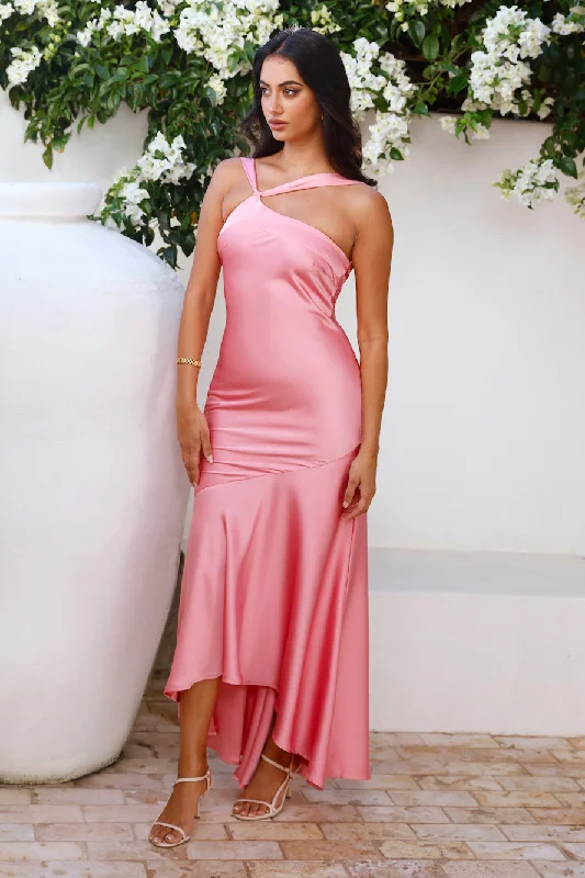 Romantic Affair Satin One Shoulder Maxi Dress Pink