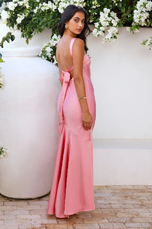 Romantic Affair Satin One Shoulder Maxi Dress Pink