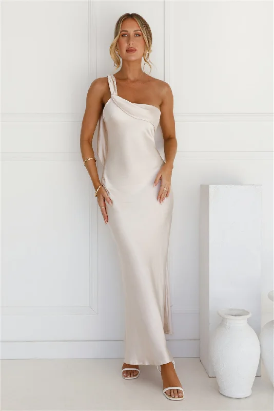 Romantic Tales Satin One Shoulder Maxi Dress Champagne