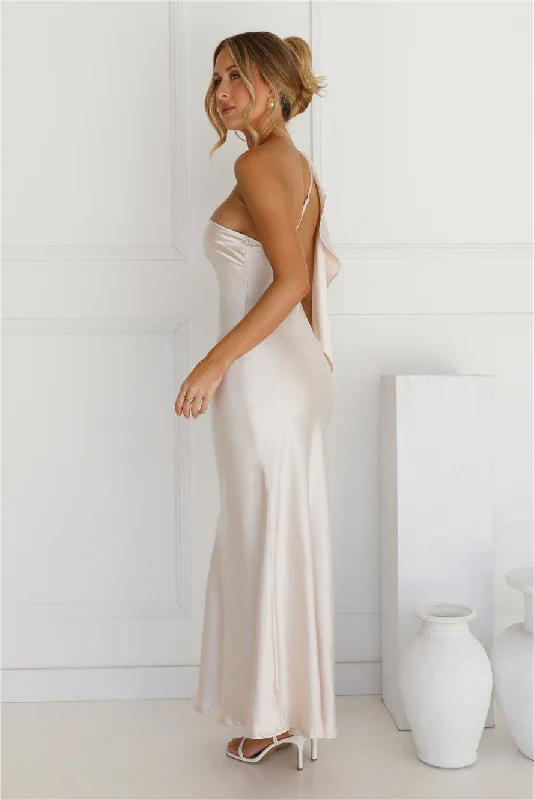 Romantic Tales Satin One Shoulder Maxi Dress Champagne