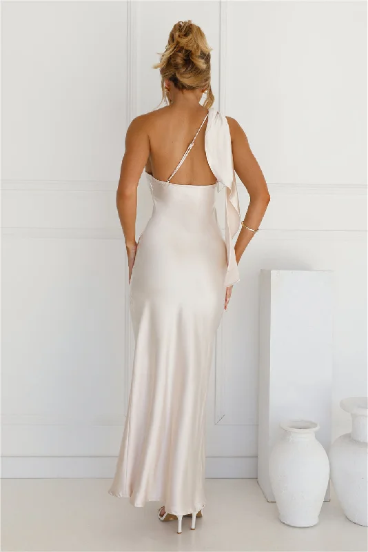 Romantic Tales Satin One Shoulder Maxi Dress Champagne