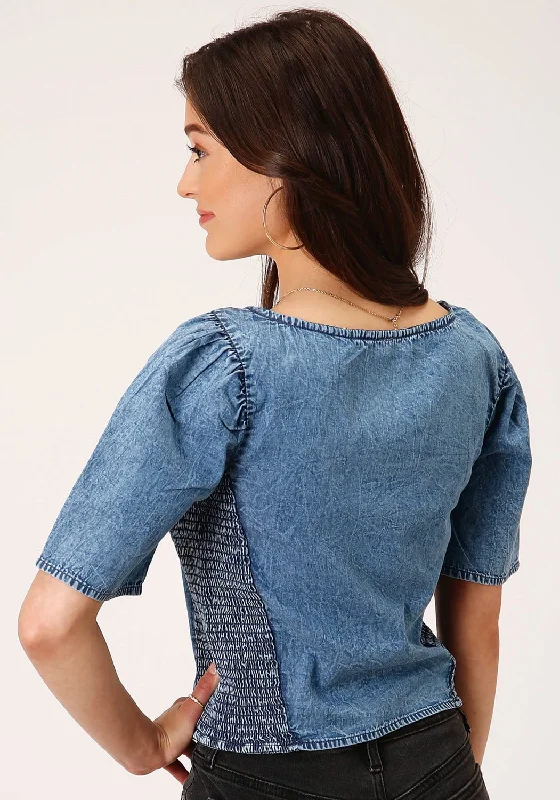 Roper Womens Medium Denim Top Blue 100% Cotton S/S Blouse