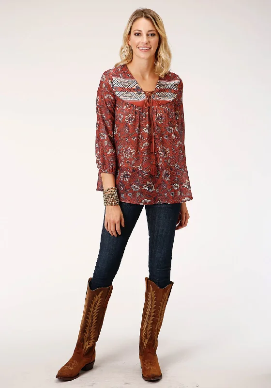 Roper Womens Rust Polyester Floral Border 3/4 Sleeve Blouse