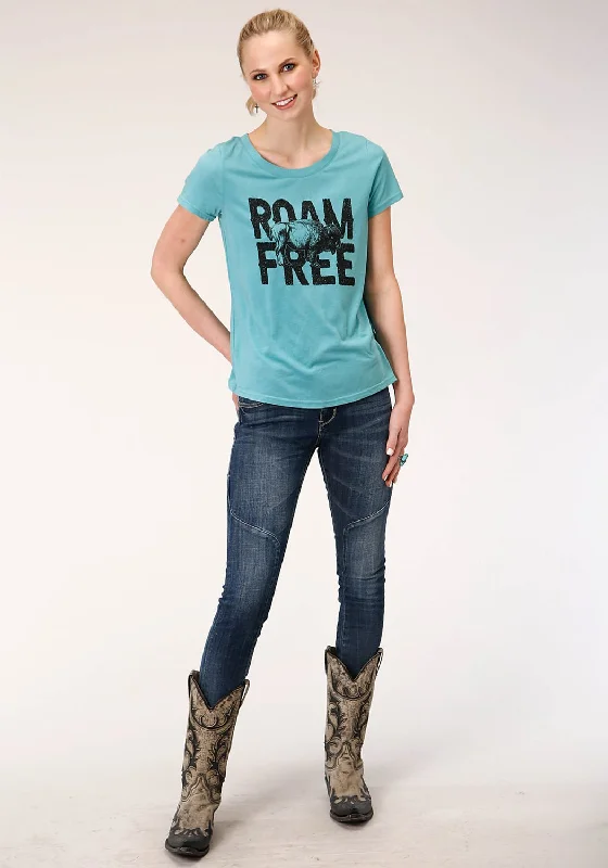 Roper Womens Teal Poly/Rayon Roam Free S/S Buffalo T-Shirt