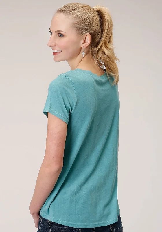 Roper Womens Teal Poly/Rayon Roam Free S/S Buffalo T-Shirt