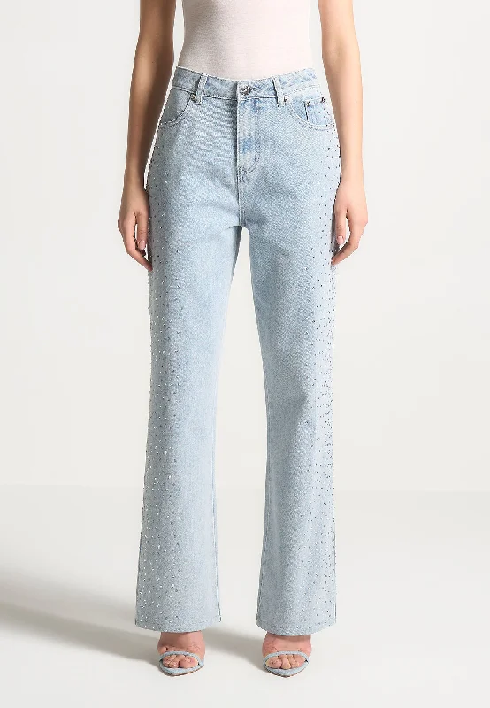 Scattered Rhinestone Boyfriend Jeans - Bleach Wash