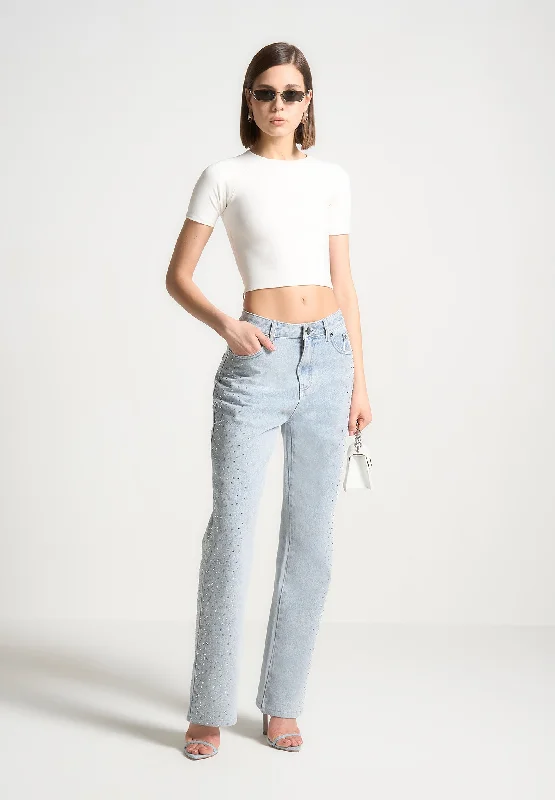 Scattered Rhinestone Boyfriend Jeans - Bleach Wash