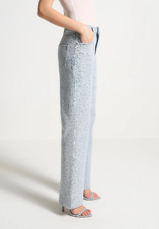 Scattered Rhinestone Boyfriend Jeans - Bleach Wash