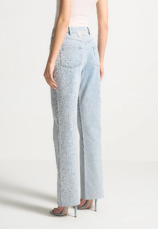 Scattered Rhinestone Boyfriend Jeans - Bleach Wash