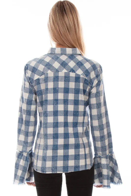 Scully Womens Checker Bell Sleeve Blue 100% Cotton L/S Blouse