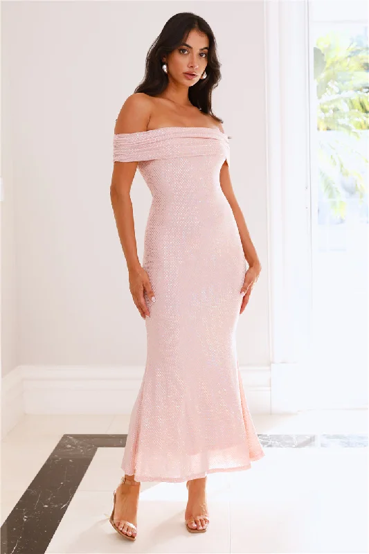 She Has Arrived Off Shoulder Glitter Maxi Dress Pink