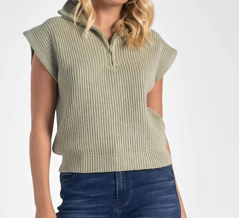 : Sleeveless 3/4 Zip Sweater In Sage