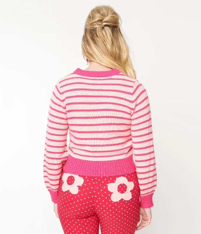 Smak Parlour 1960s Pink Stripes & Strawberry Pocket Cardigan