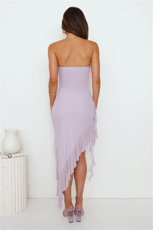 Social Status Strapless Mesh Frill Midi Dress Lilac