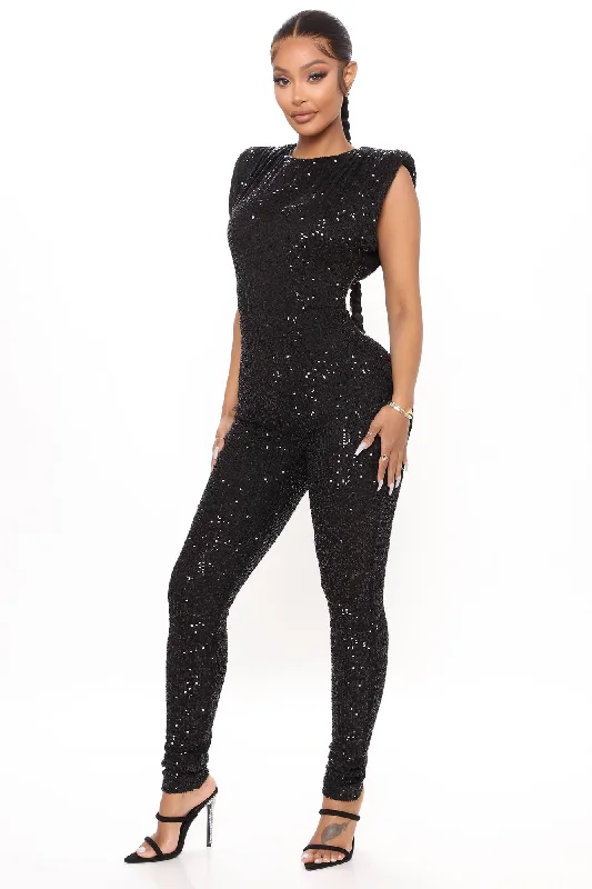 Sparkle And Snatched Shoulder Pad Jumpsuit - Black