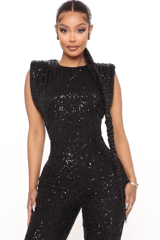 Sparkle And Snatched Shoulder Pad Jumpsuit - Black