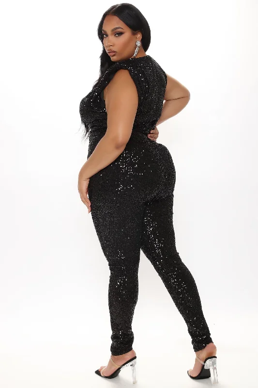 Sparkle And Snatched Shoulder Pad Jumpsuit - Black