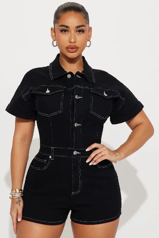 Talk To Me Denim Romper - Black/White