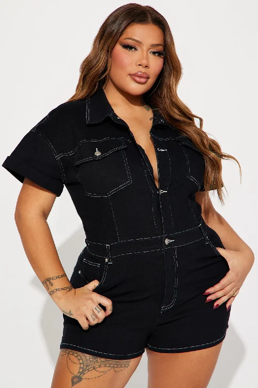 Talk To Me Denim Romper - Black/White