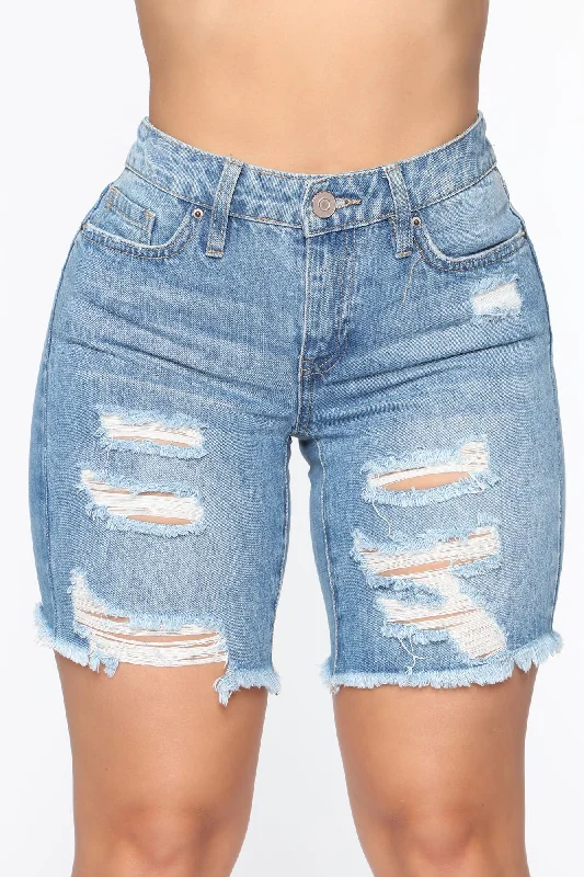 The Mixer Distressed Denim Bermudas - Medium Blue Wash